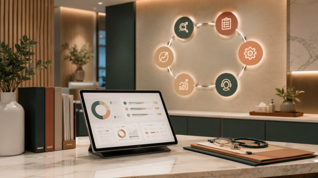 Revenue cycle reporting on a tablet at a practice front desk