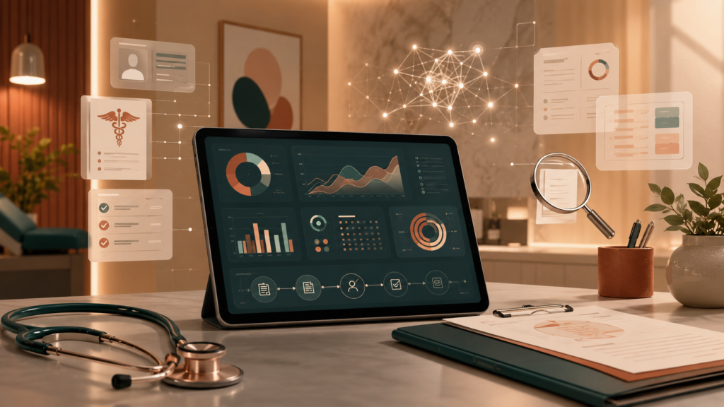 Revenue cycle dashboards on a tablet in a clinical office