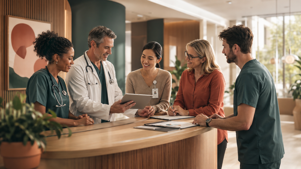 Care team and patients at a physician practice front desk